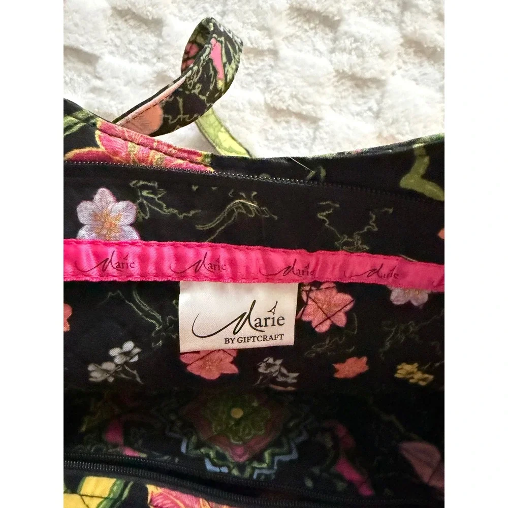 Marie by Giftcraft Quilted Floral Tote Bag Black/Pink/Green Shoulder Bag LG EUC